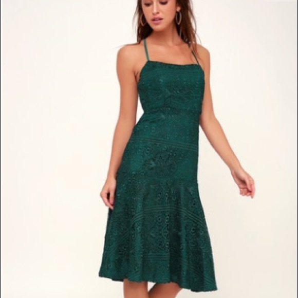 Forest Green Lace-Up Lace Midi Dress - Picture 1 of 4